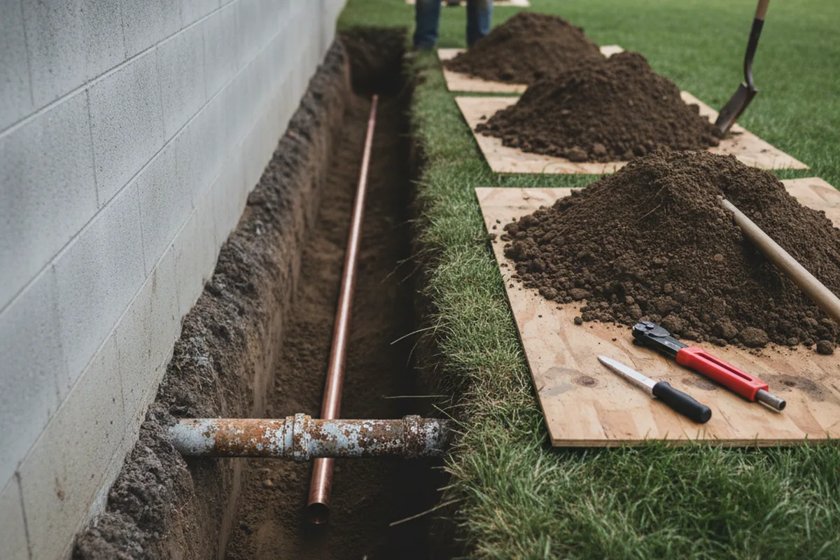 Excavated water line trench during Water Softener Installation in Rose Hill